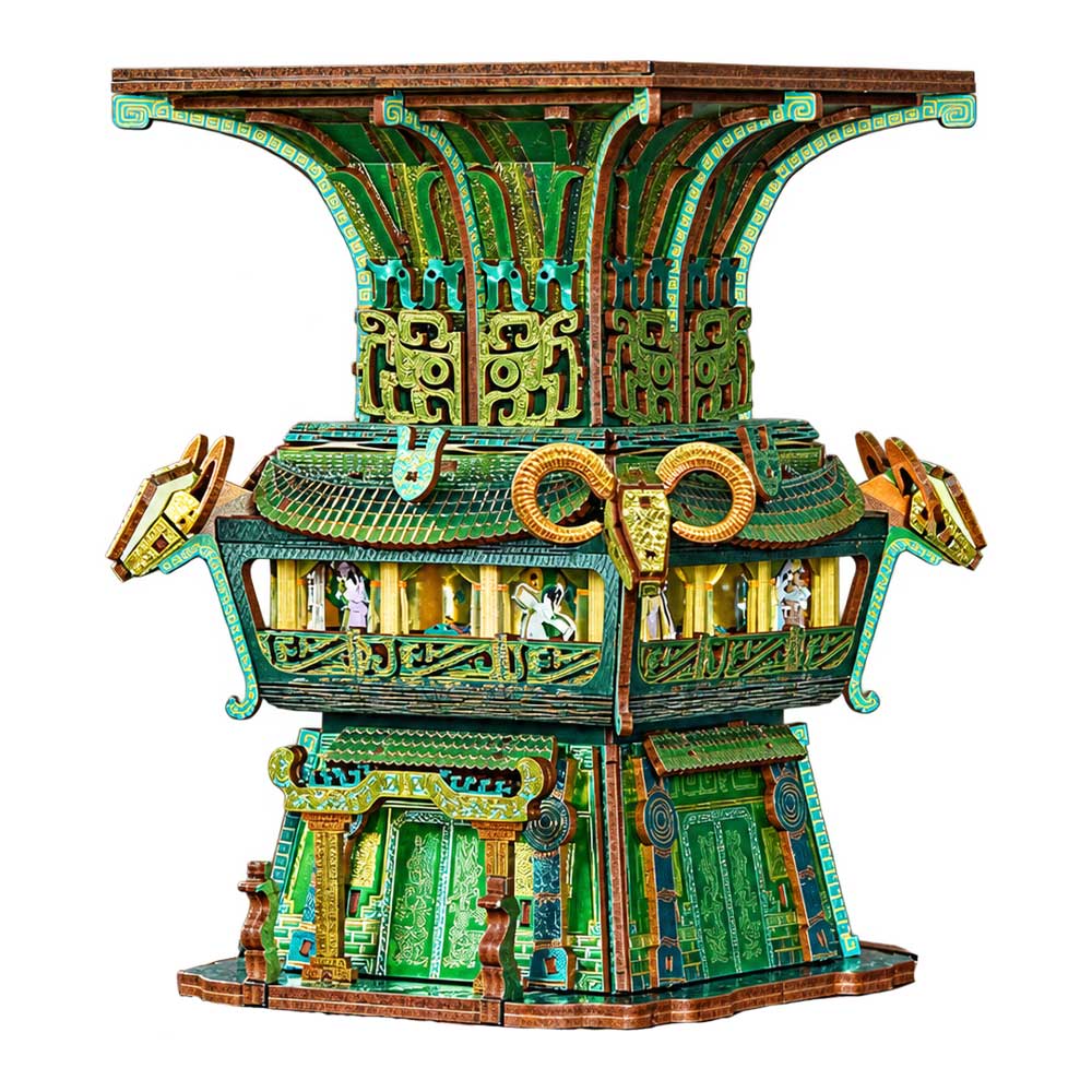 Four Ram Square Zun 3D Wooden Puzzle_1 Four Ram Square Zun 3D Wooden Puzzle_1